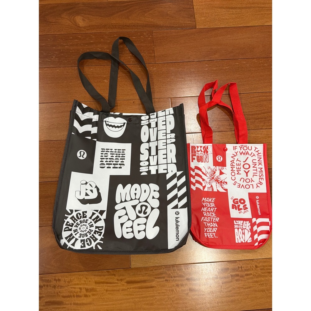 Lululemon Shopping Tote Bags Unisex Red Black Graphic Reusable Set‎ of 2 OS